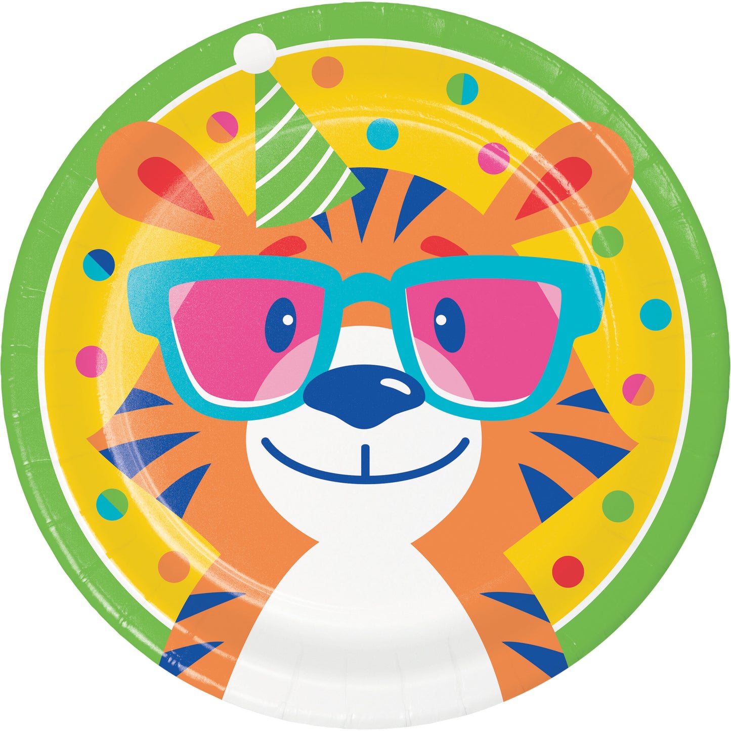 Colorful paper plate with a cartoon tiger wearing glasses and a party hat on a white background