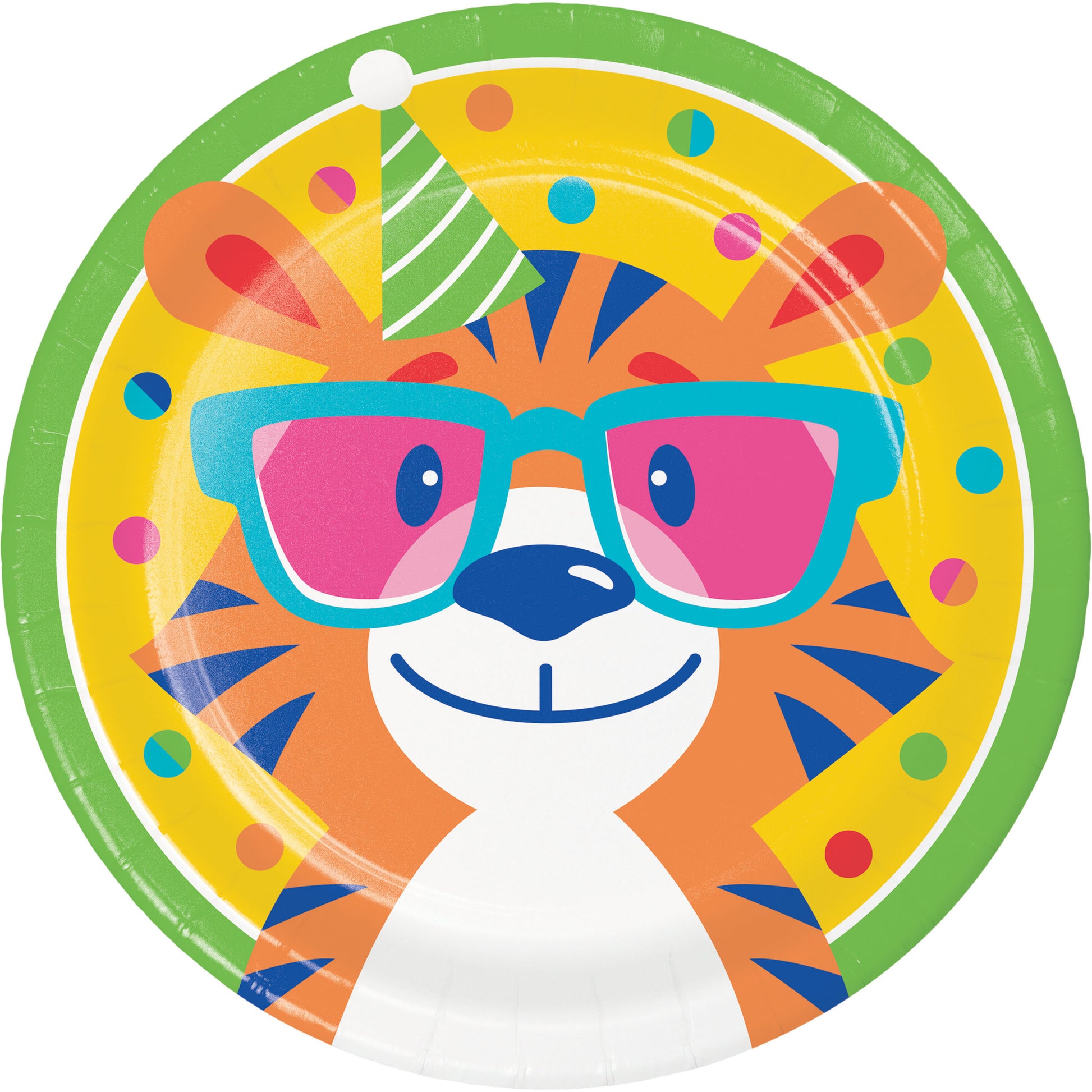 Colorful paper plate with a cartoon tiger wearing glasses and a party hat on a white background