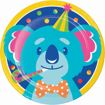 Colorful paper plate with a cartoon koala design on a white background