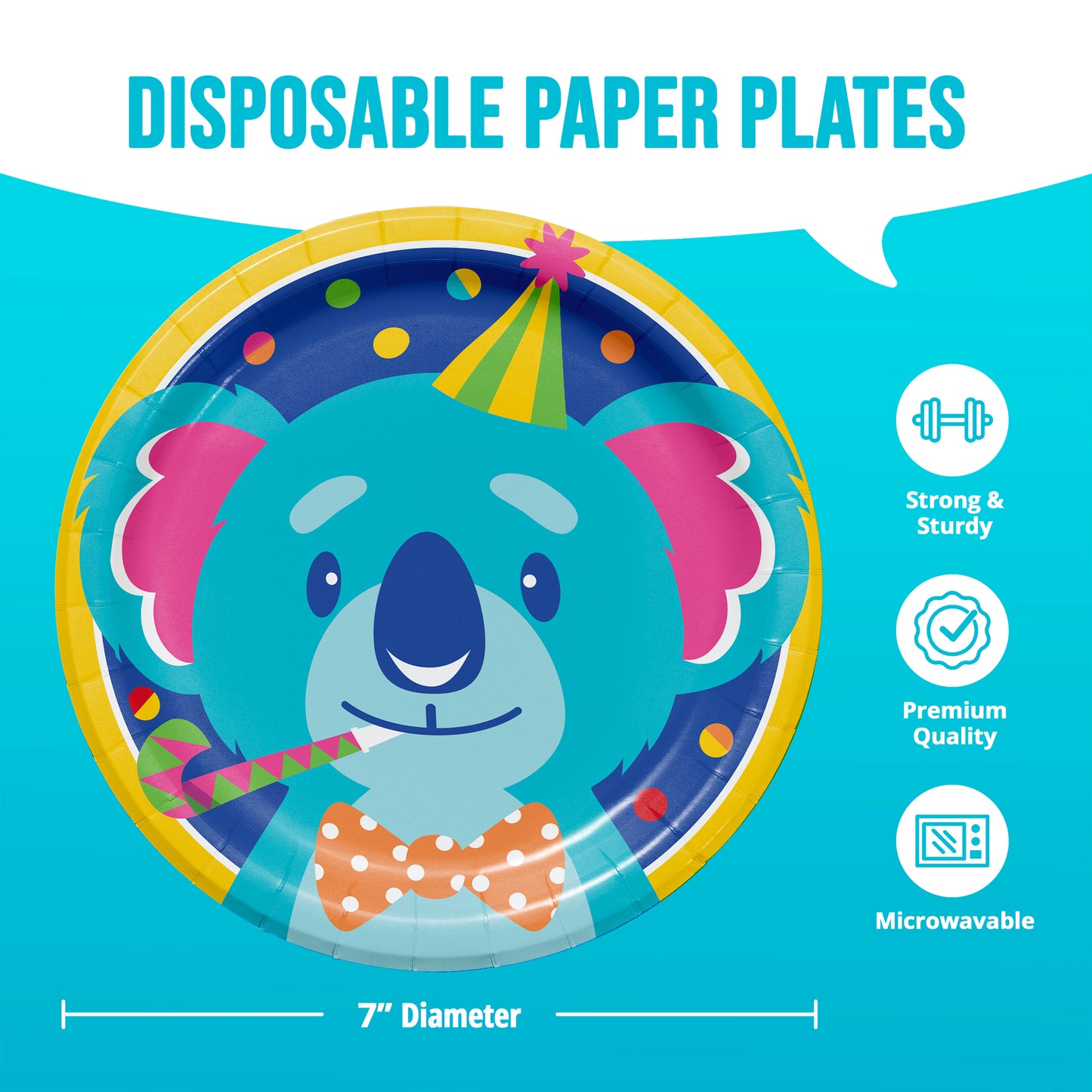 Disposable paper plate with a koala design on a blue background, featuring icons for strength, quality, and microwavability.