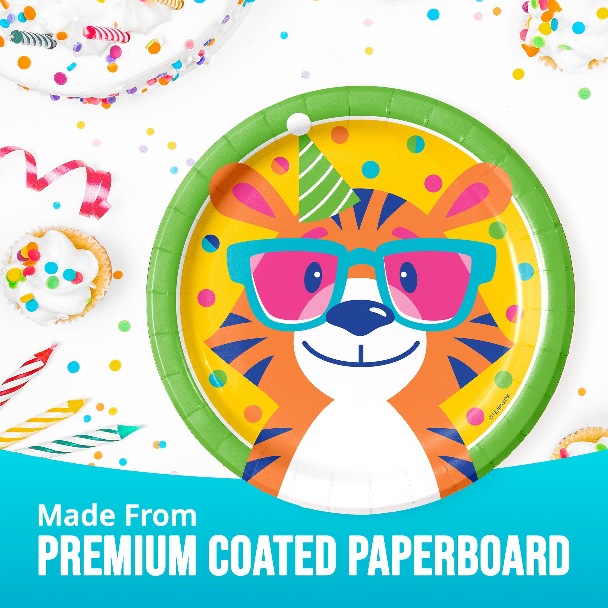 Colorful paper plate with a tiger design wearing sunglasses, surrounded by party decorations on a white background.