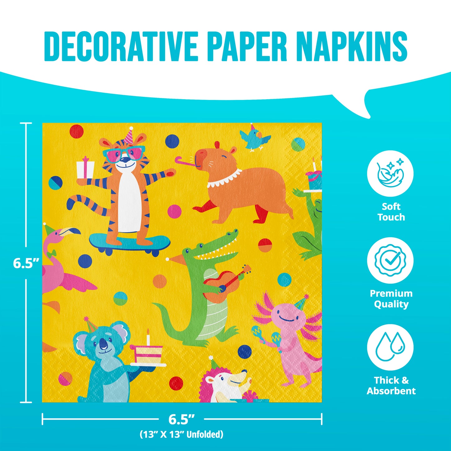 Decorative paper napkins with cartoon animals on a yellow background, featuring dimensions and product features.