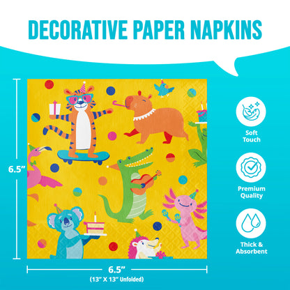 Decorative paper napkins with cartoon animals on a yellow background, featuring dimensions and product features.