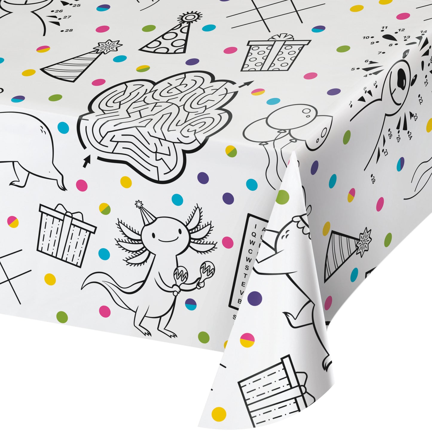 Coloring paper tablecloth with illustrations of a lizard, maze, tic-tac-toe, and other playful designs on a white background.