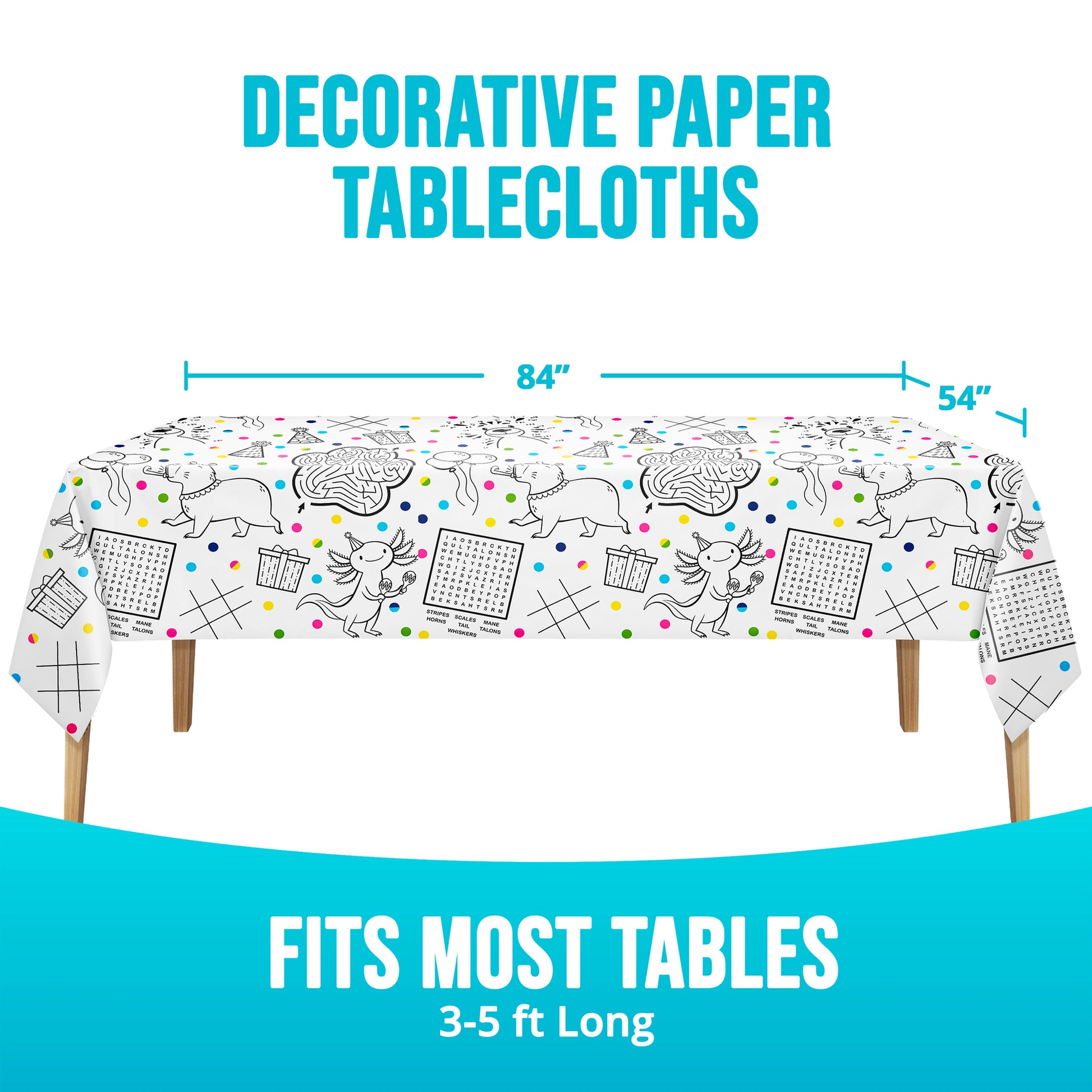 Decorative paper tablecloth with animals, word searches, and tic-tac-toe, shown on a table with dimensions displayed.