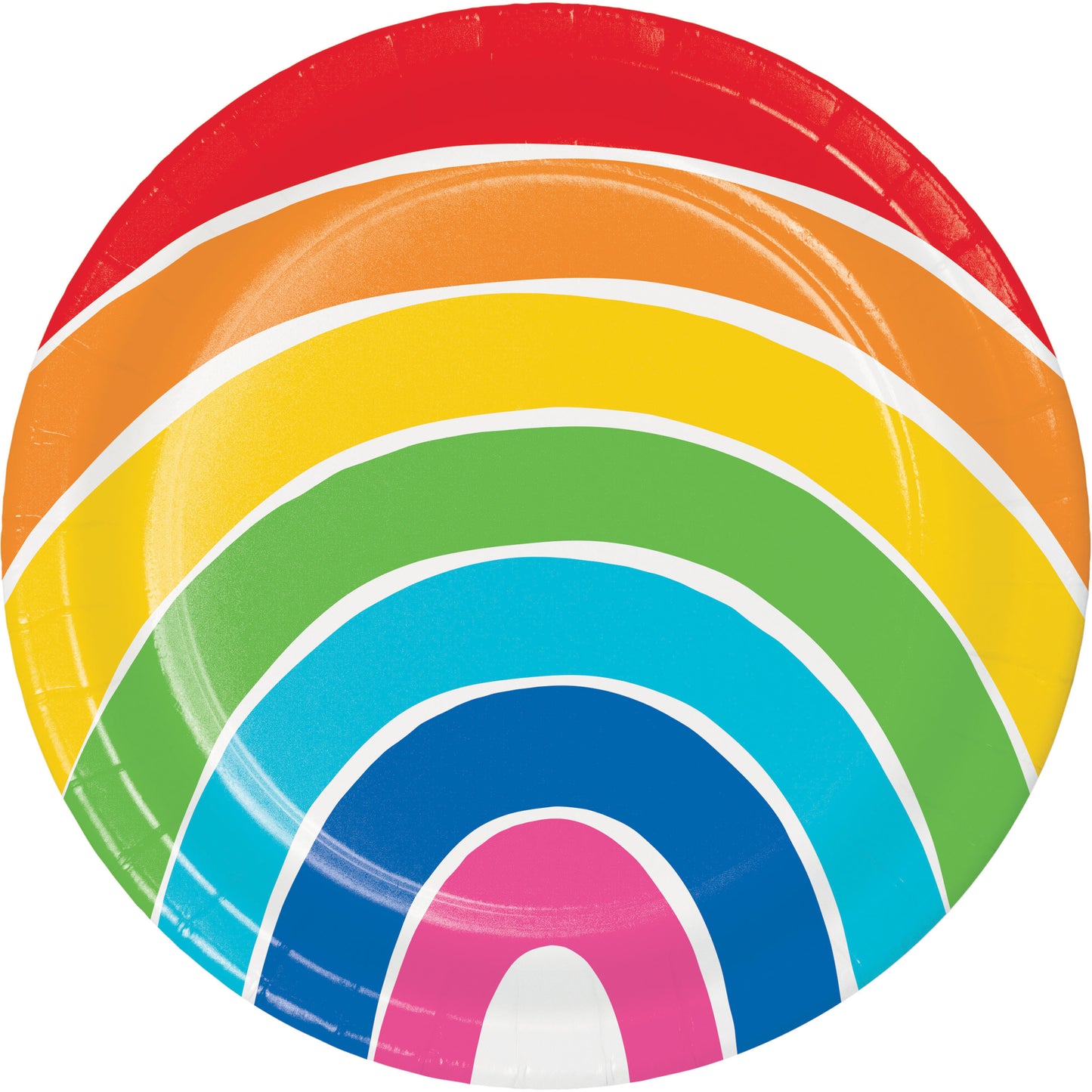 Colorful paper plate with rainbow design on a white baackground
