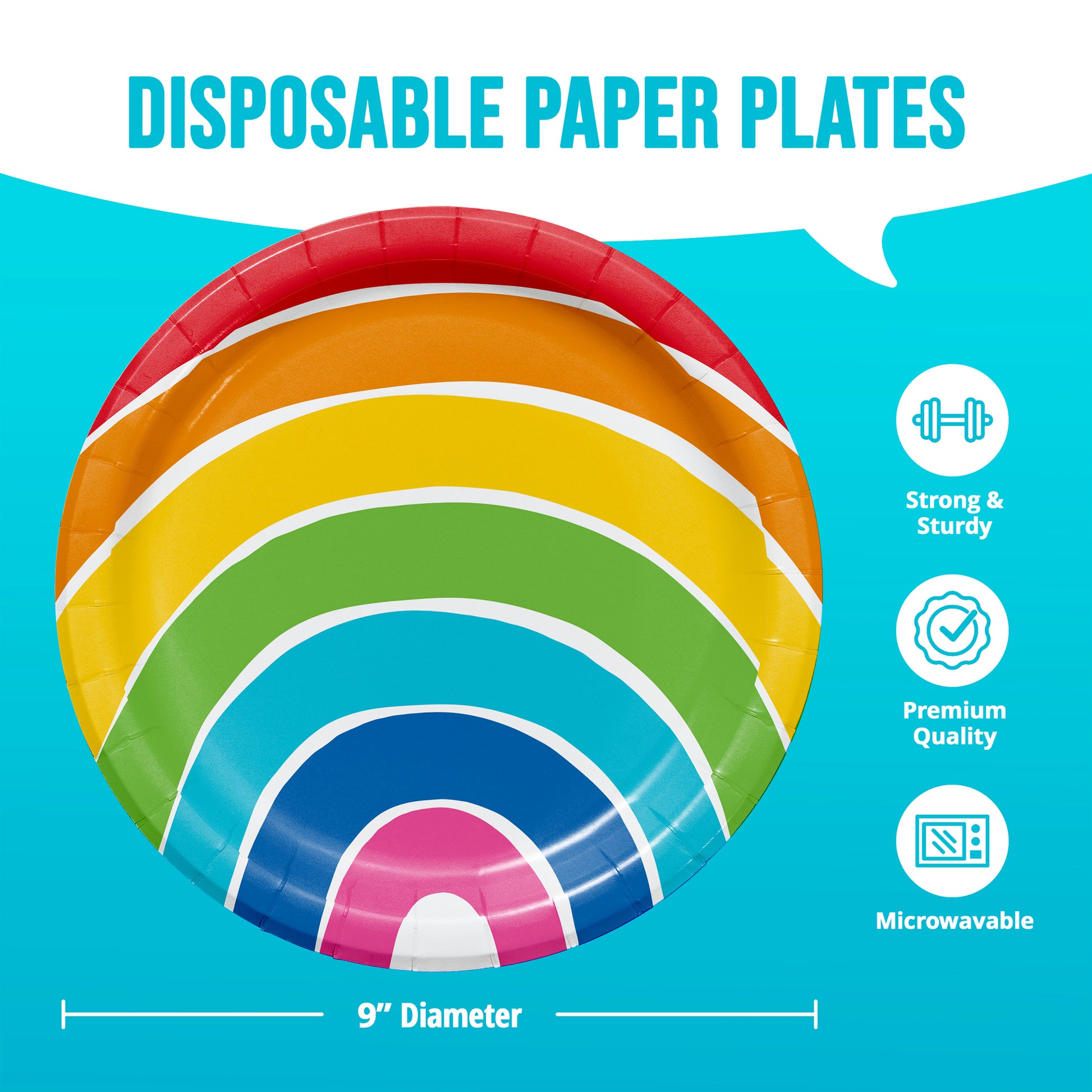 Colorful disposable paper plate with a blue background and text highlighting features.