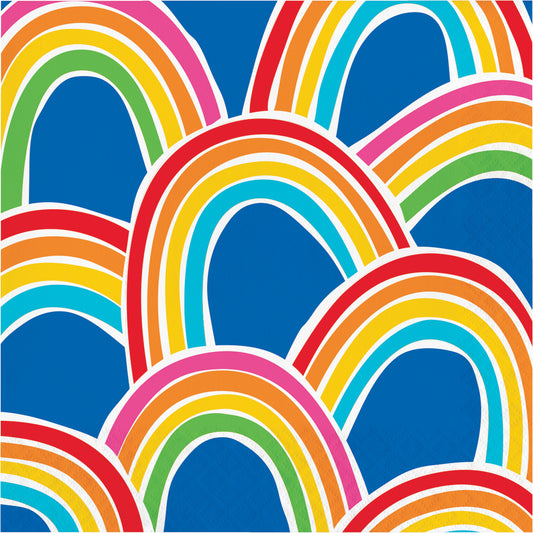 Napkin with pattern of colorful rainbows on a blue background
