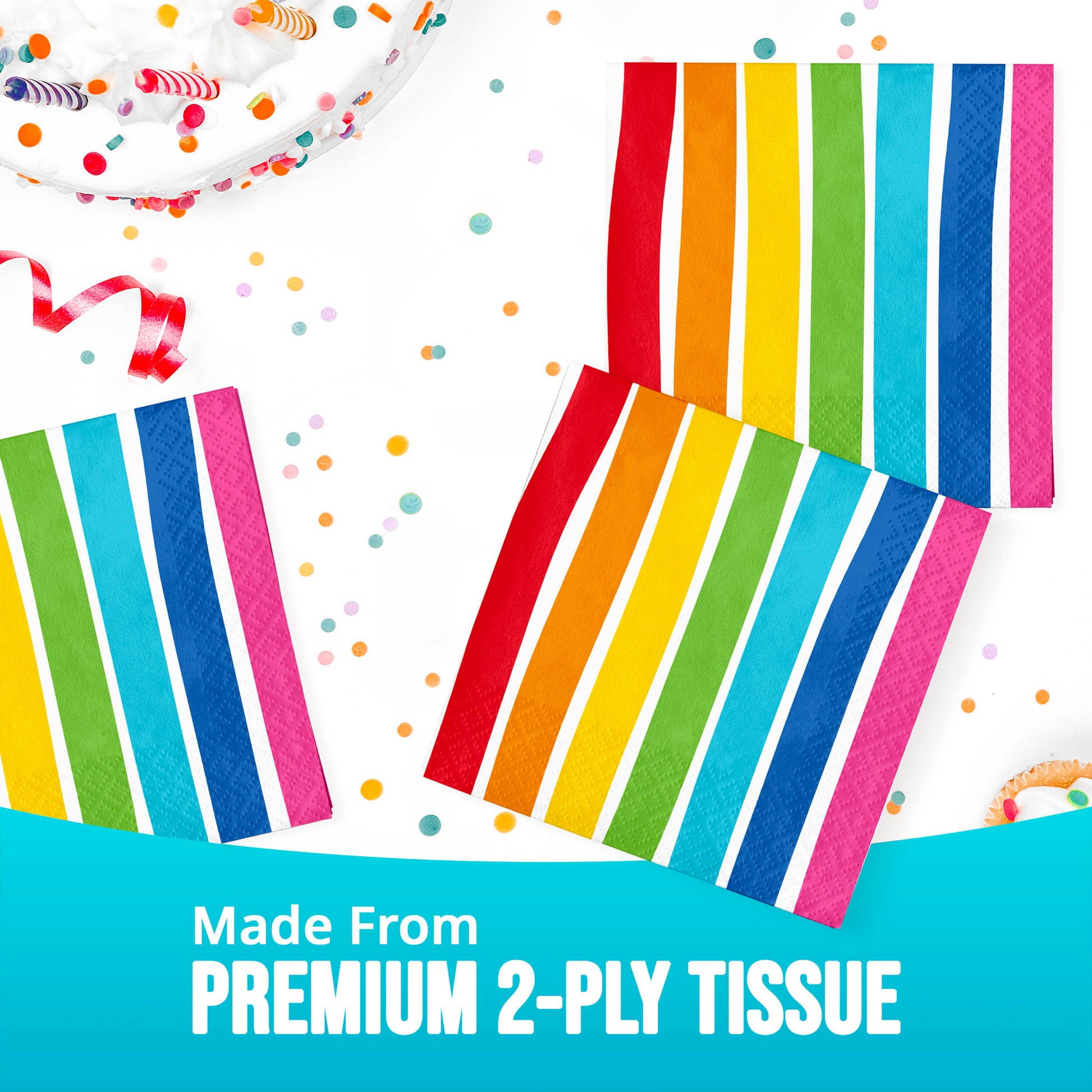 Colorful striped tissue napkins with "Made from premium 2-ply tissue" text on a white background