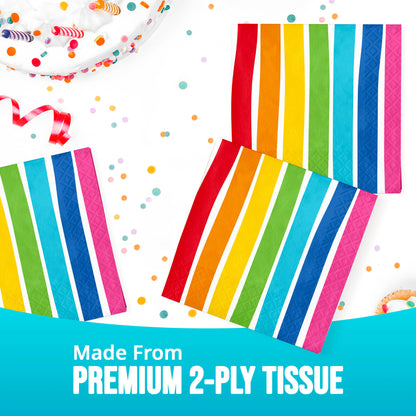 Colorful striped tissue napkins with "Made from premium 2-ply tissue" text on a white background