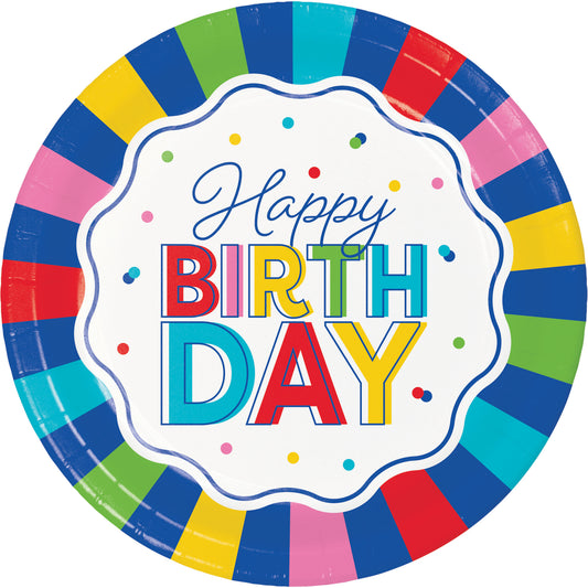 Colorful paper plate with 'Happy Birthday' text on a white background