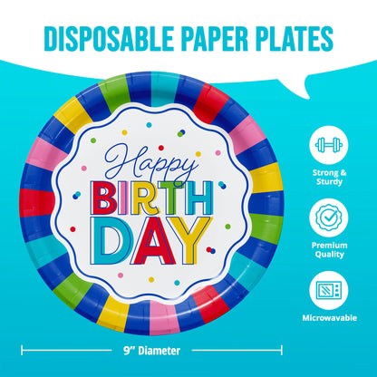 Colorful paper plates with "Happy Birthday" text. Measurements included.
