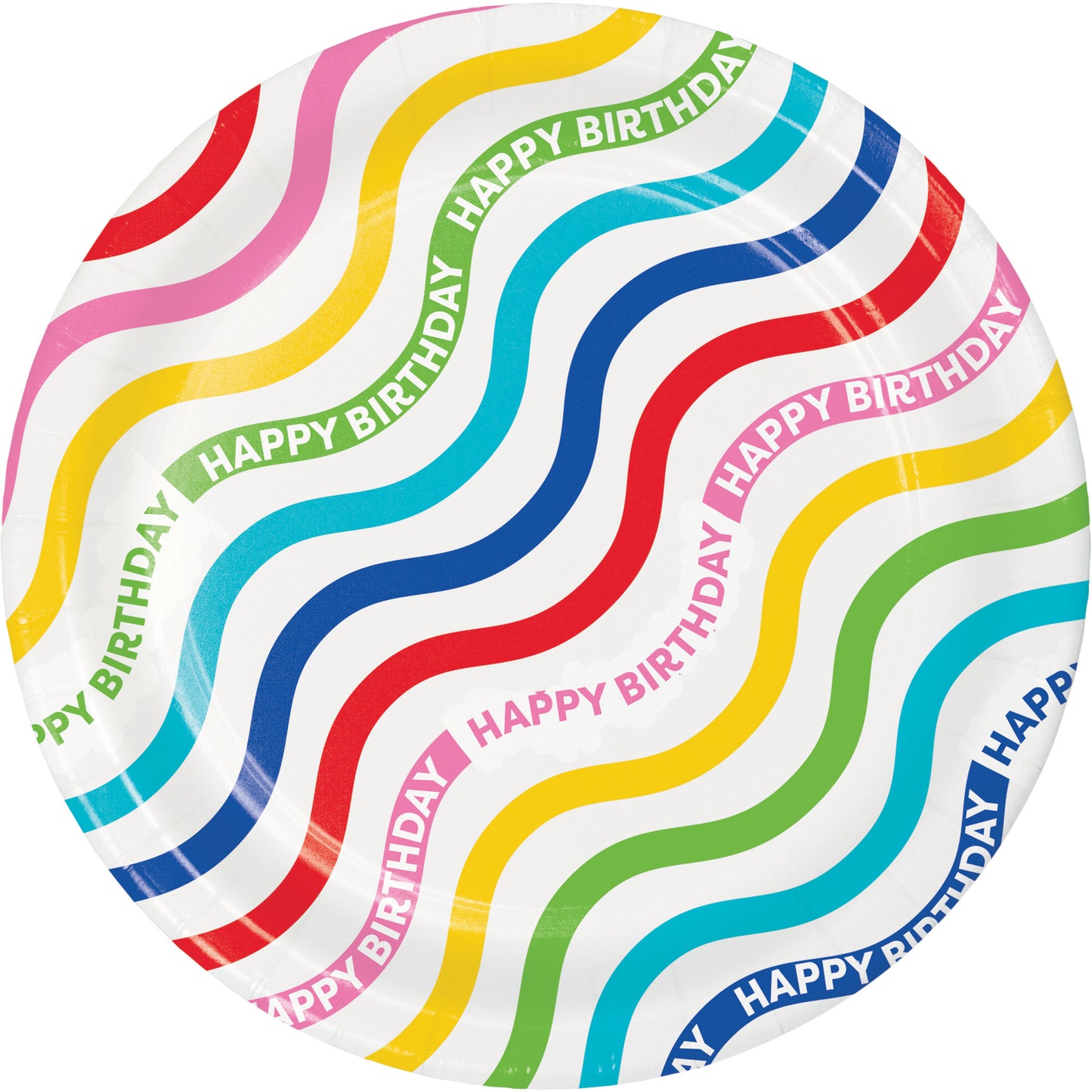 Colorful paper plates with 'Happy Birthday' text on a white background