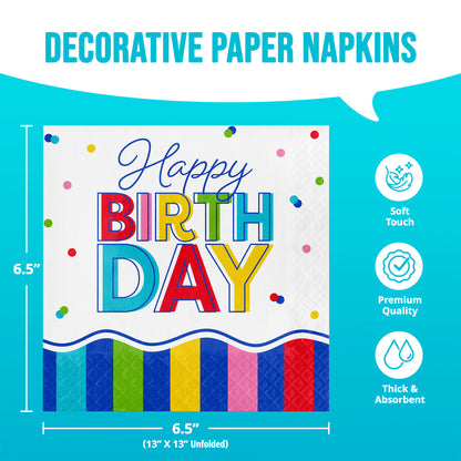 Decorative paper napkins with 'Happy Birthday' text on a blue background. Measurements included.
