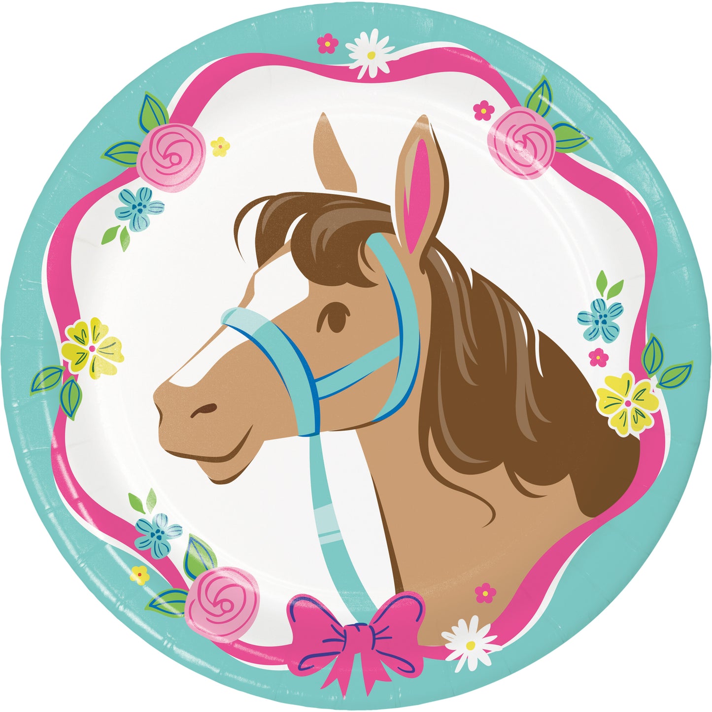 Round paper plate with a horse design and floral border on a white background