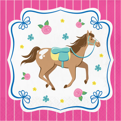 Napkin with horse illustration on a pink background with pink roses and flowers