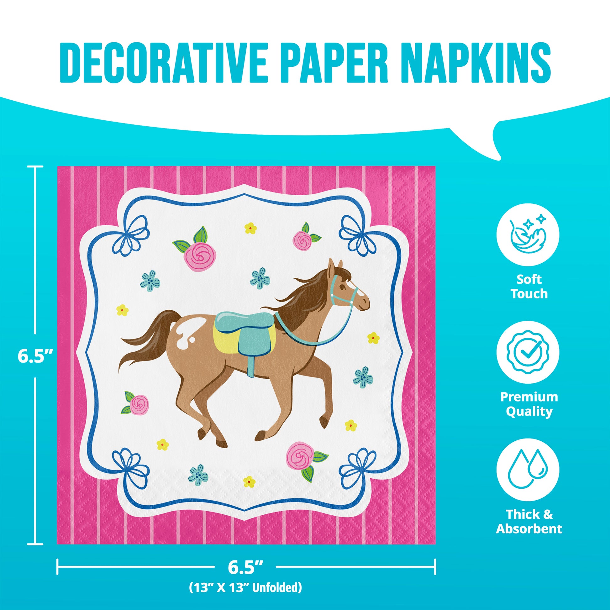 Decorative paper napkins with a horse design on a blue background and information featuring quality and dimensions