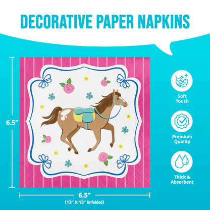 Decorative paper napkins with a horse design on a blue background and information featuring quality and dimensions