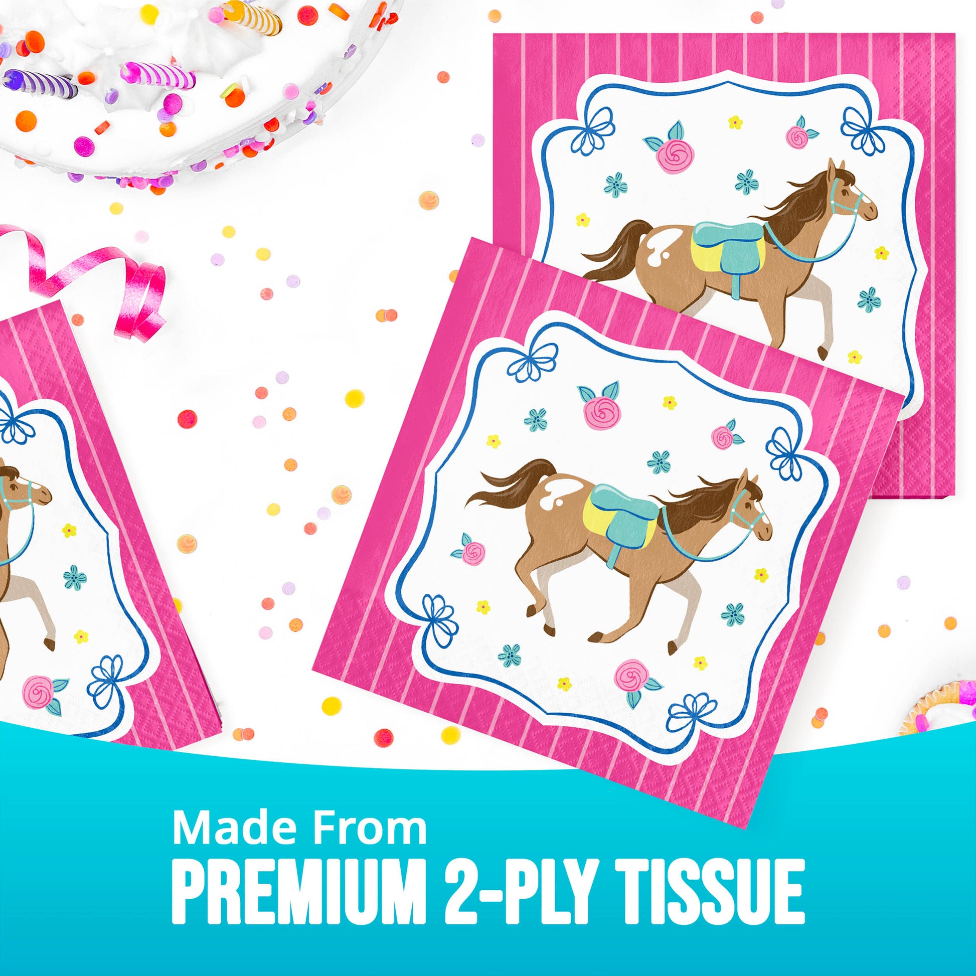 Horse-themed paper napkin with pink border and colorful confetti on a white background.