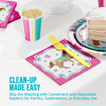 Disposable party supplies including cups, plates, and napkins with a horse design on a white surface. Featuring text "Clean-Up Made Easy".