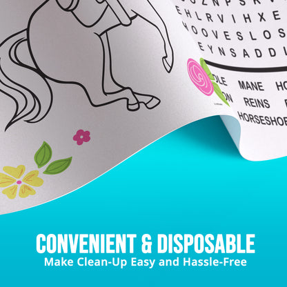 Disposable activity tablecloth with horse illustration and text on a blue background. Text saying "Convenient & Disposable"