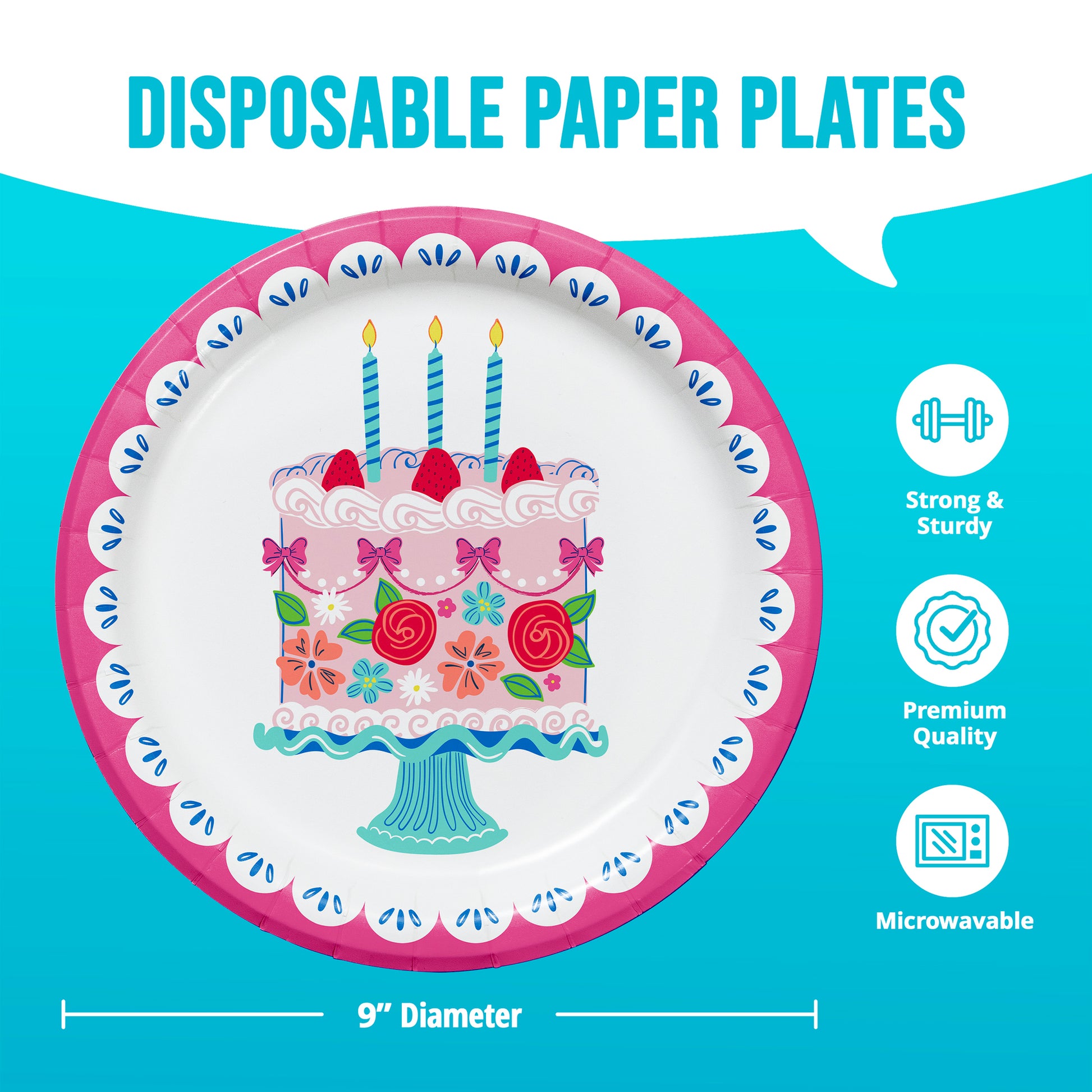 Disposable paper plate with cake design and birthday candles on a blue background, featuring icons for strength, quality, and microwavability.