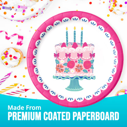 Paper plate with birthday cake design and colorful decorations on a white background.