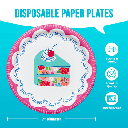 Disposable paper plate with cake design on a blue background, featuring icons for strength, quality, and microwavability. Dimensions shown.