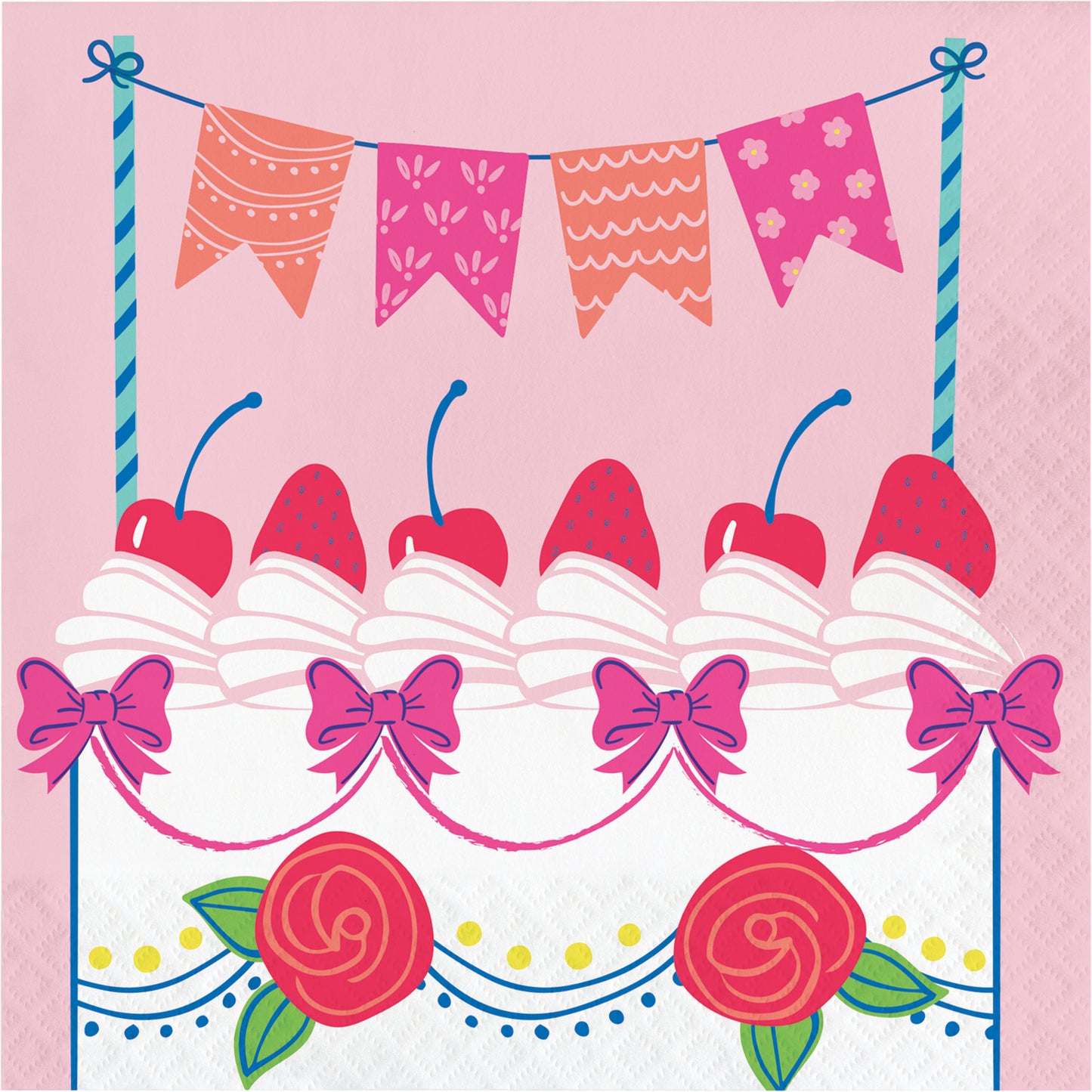 Decorative paper napkin with bunting flags, cherries, bows, and roses on a pink background