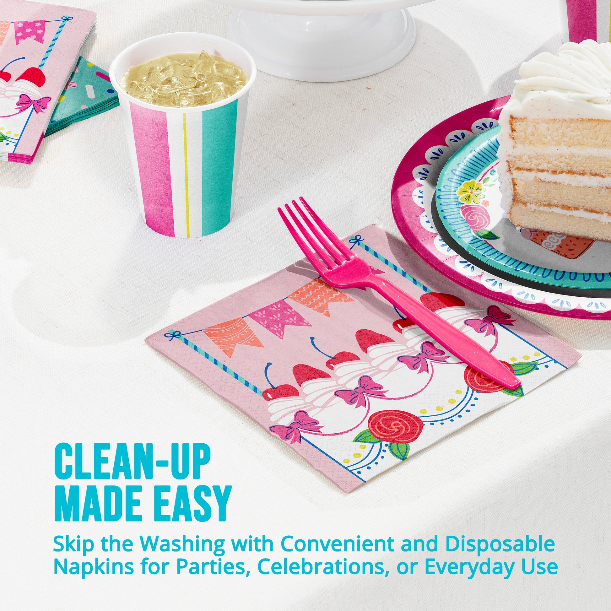 Colorful party supplies including cups, plates, and napkins on a white surface with text 'Clean-up Made Easy'.