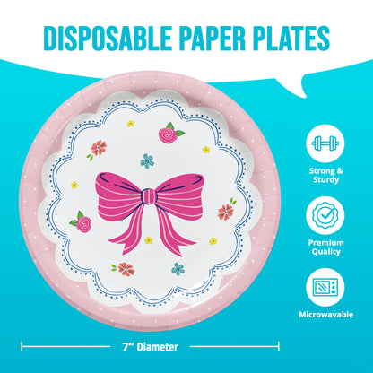 Disposable paper plate with a pink bow design on a blue background, featuring icons and text about the product's features.