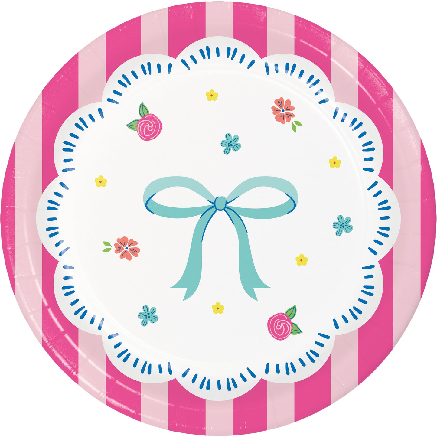 Round paper plate with pink and white striped border, white center with blue bow and flowers, on a white background.