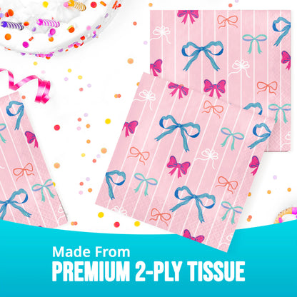 Pink tissue paper napkin with colorful bows and confetti on a white background, labeled 'Made From Premium 2-Ply Tissue'.