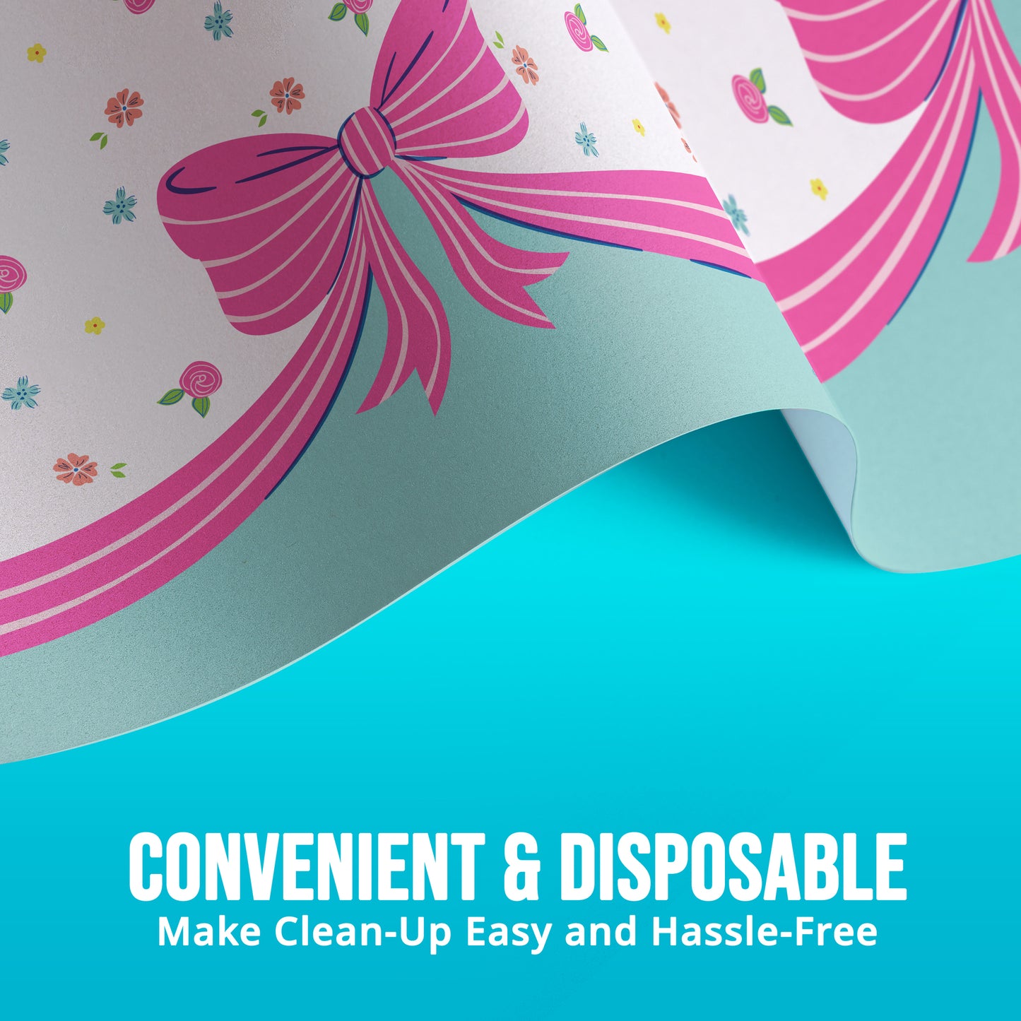 Paper tablecloth with a pink bow design on a blue background, featuring text about convenience and disposability.