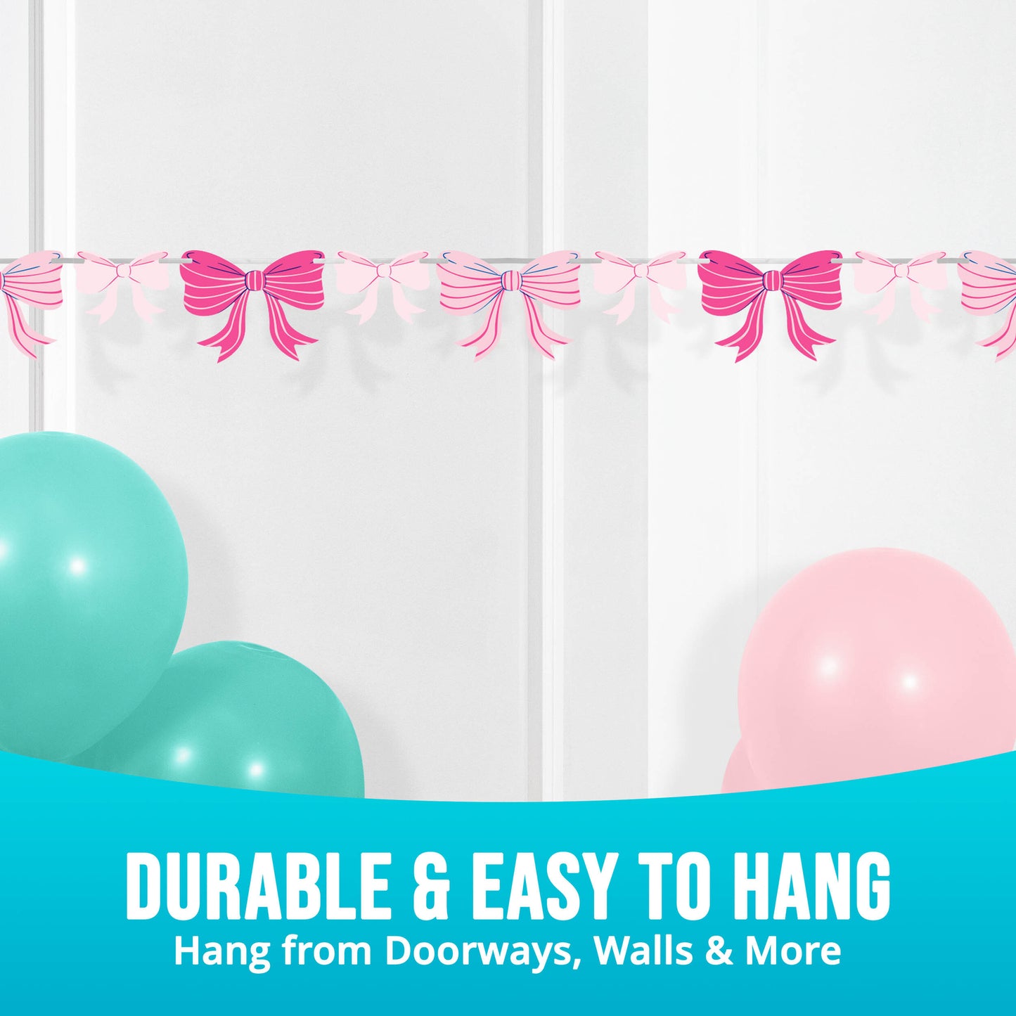 Decorative banner with pink bows on a white background along with teal and pink balloons