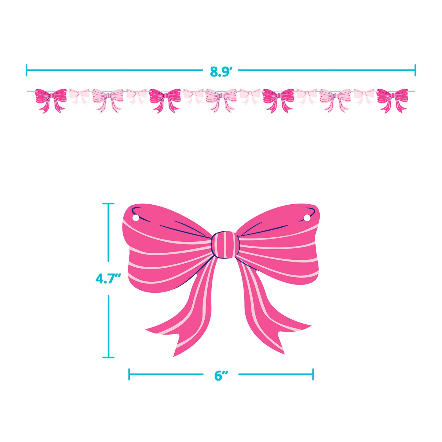 Decorative banner with a light pink and dark pink bows and dimensions on a white background
