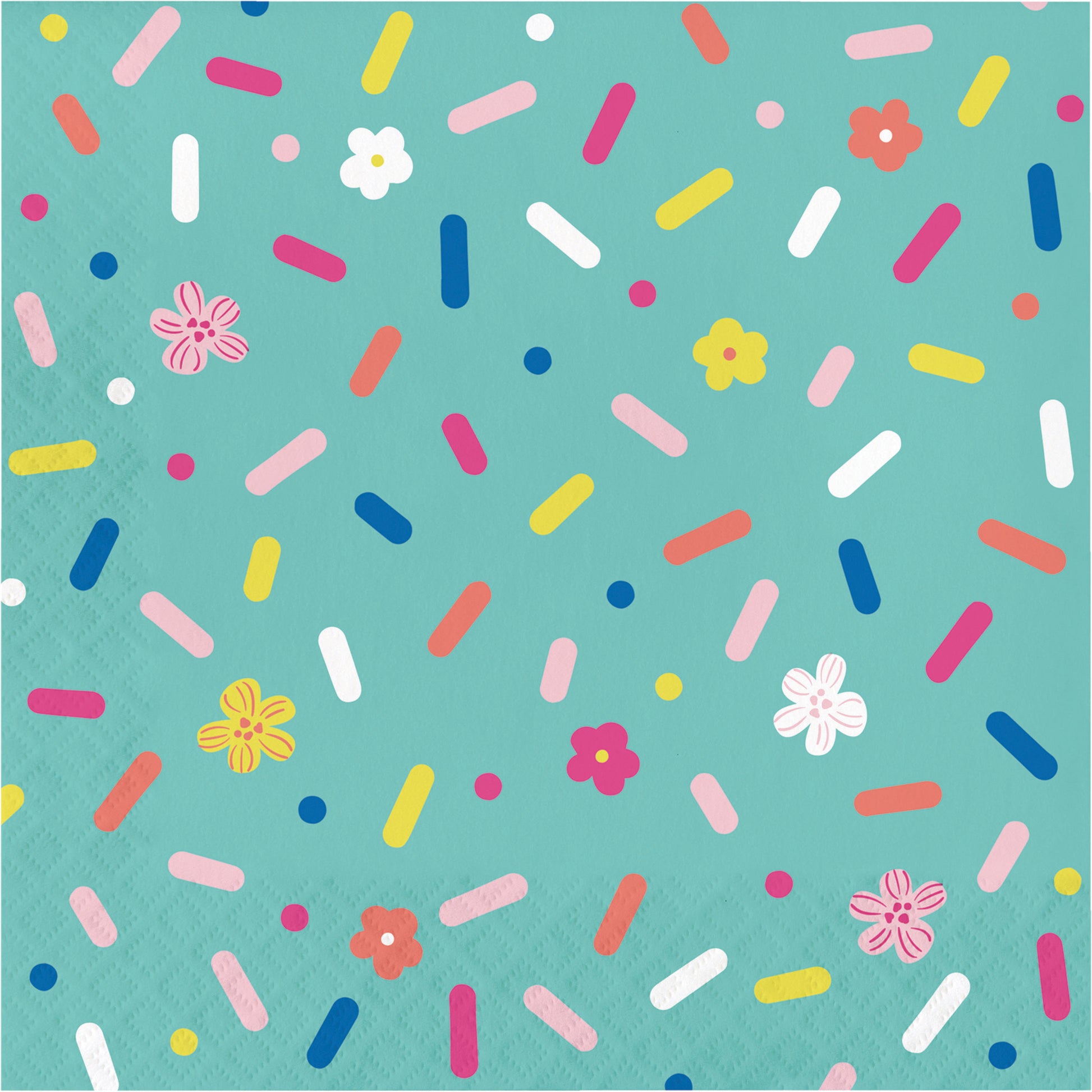 Napkin with colorful sprinkles and flowers on a teal background