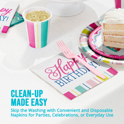 Disposable birthday party supplies including cups, plates, and napkins on a white surface and "Clean-Up Made Easy" text.