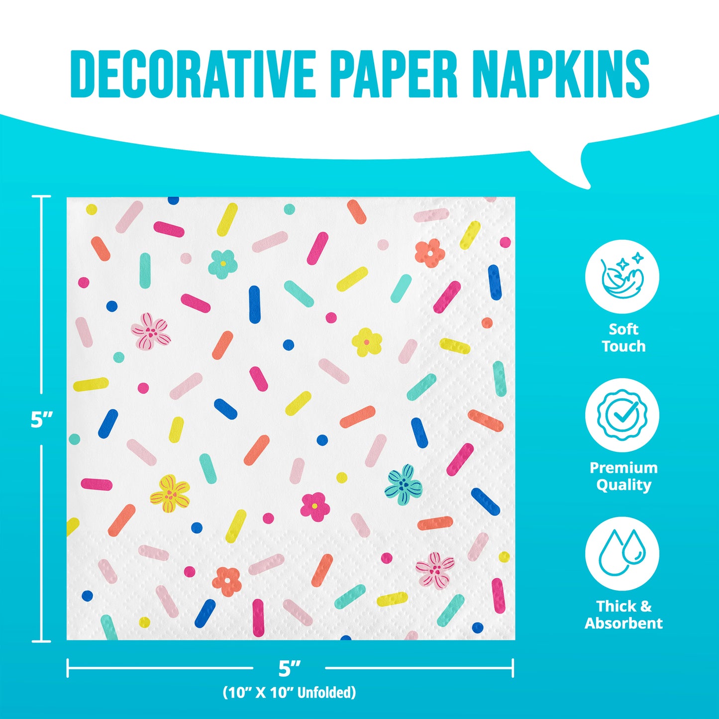 Decorative paper napkin with colorful sprinkles and flower pattern on a blue background with infographic and dimensions