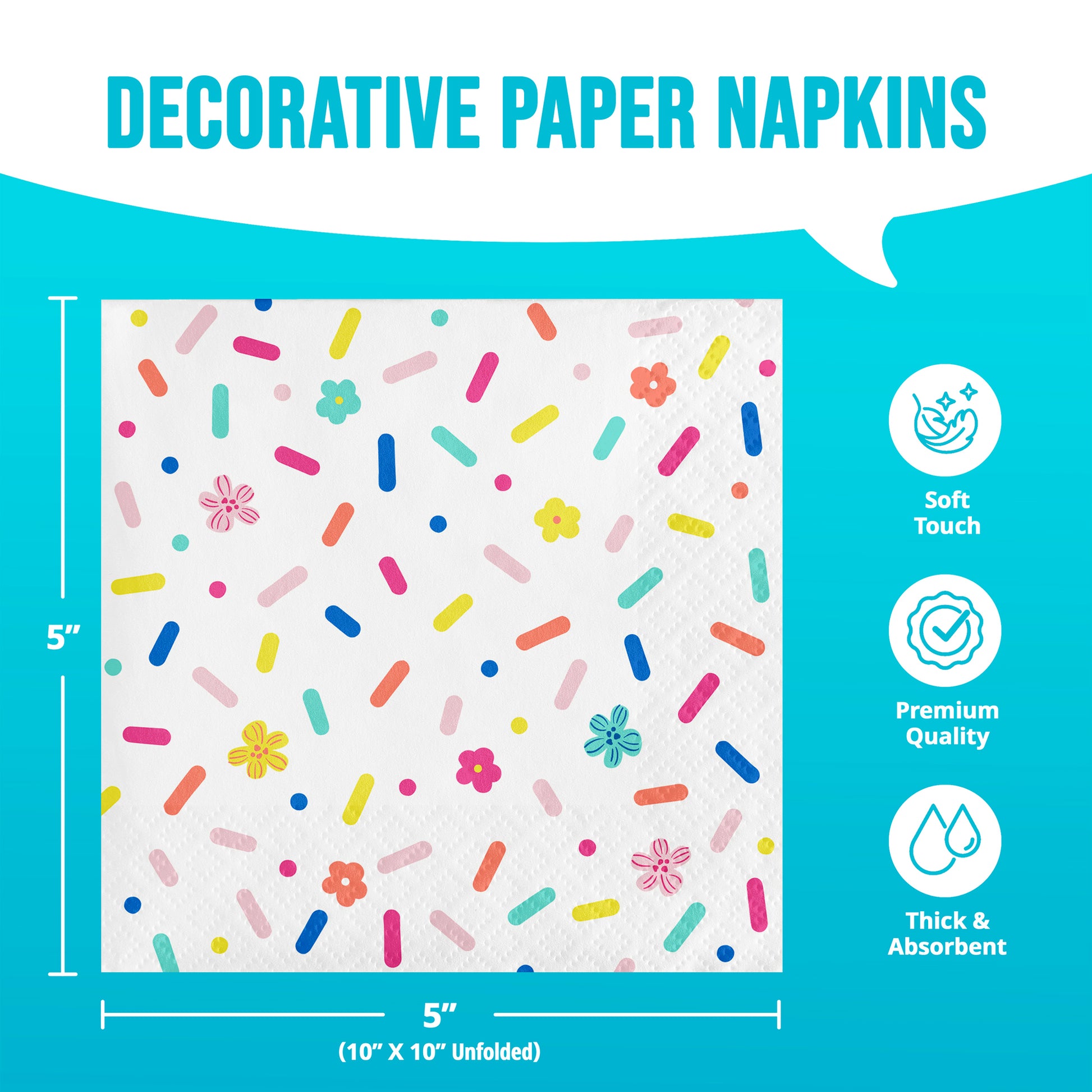 Decorative paper napkin with colorful sprinkles and flower pattern on a blue background with infographic and dimensions