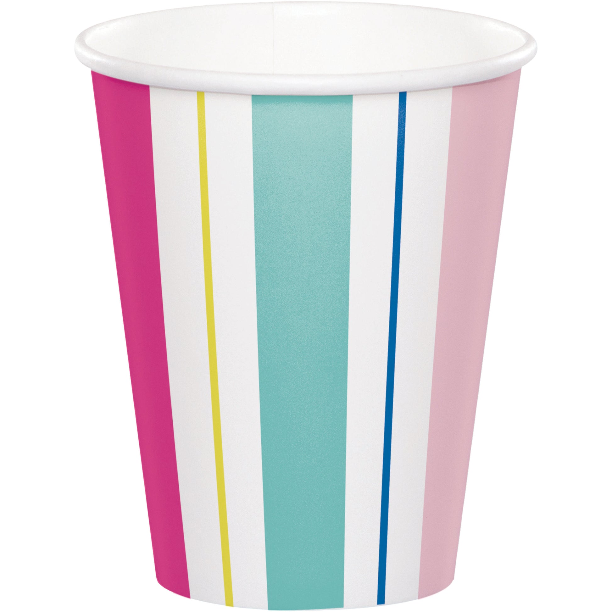 Paper cup with colorful vertical stripes on a white background