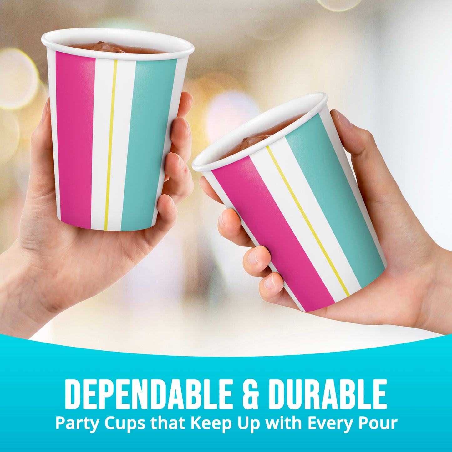Two hands holding colorful striped paper cups with a blurred background and text about dependability and durability.