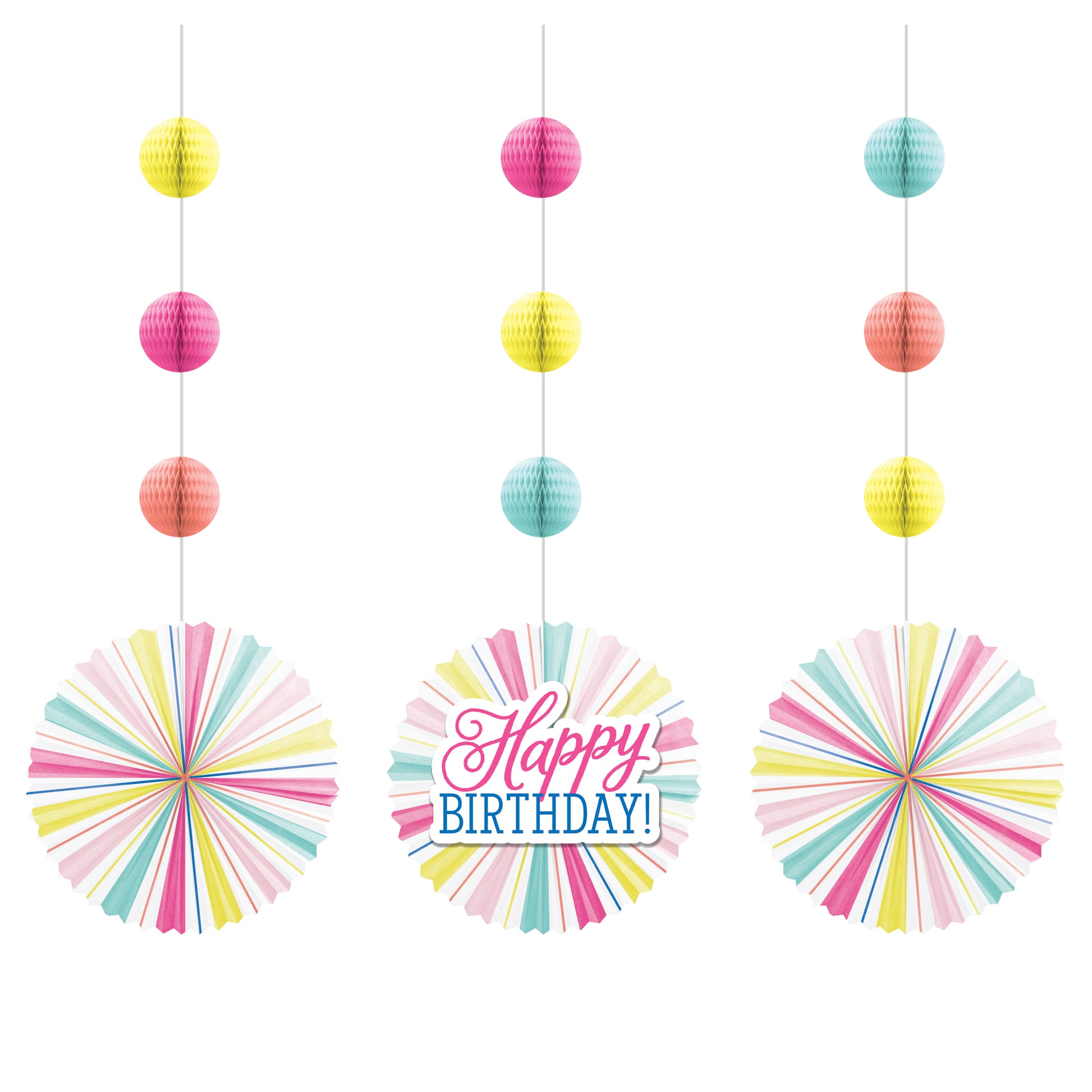 Colorful hanging paper decorations with 'Happy Birthday!' text on a white background