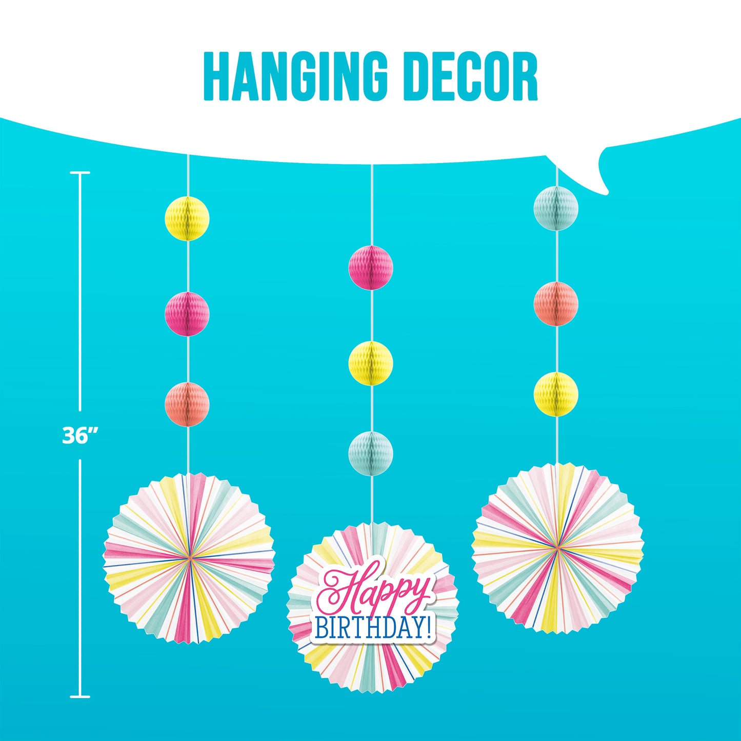 Colorful hanging birthday decor with paper balls and fans on a blue background with dimensions shown