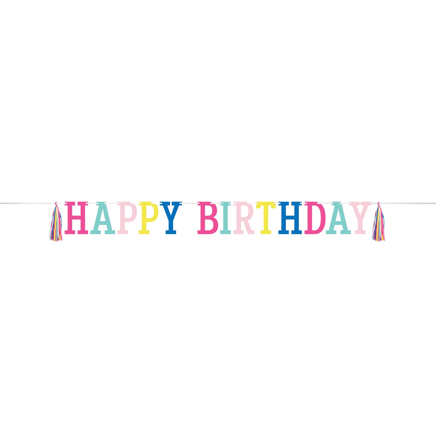 Colorful 'Happy Birthday' text with multicolored tassels on a white background