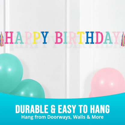 Colorful 'Happy Birthday' banner with balloons on a white background