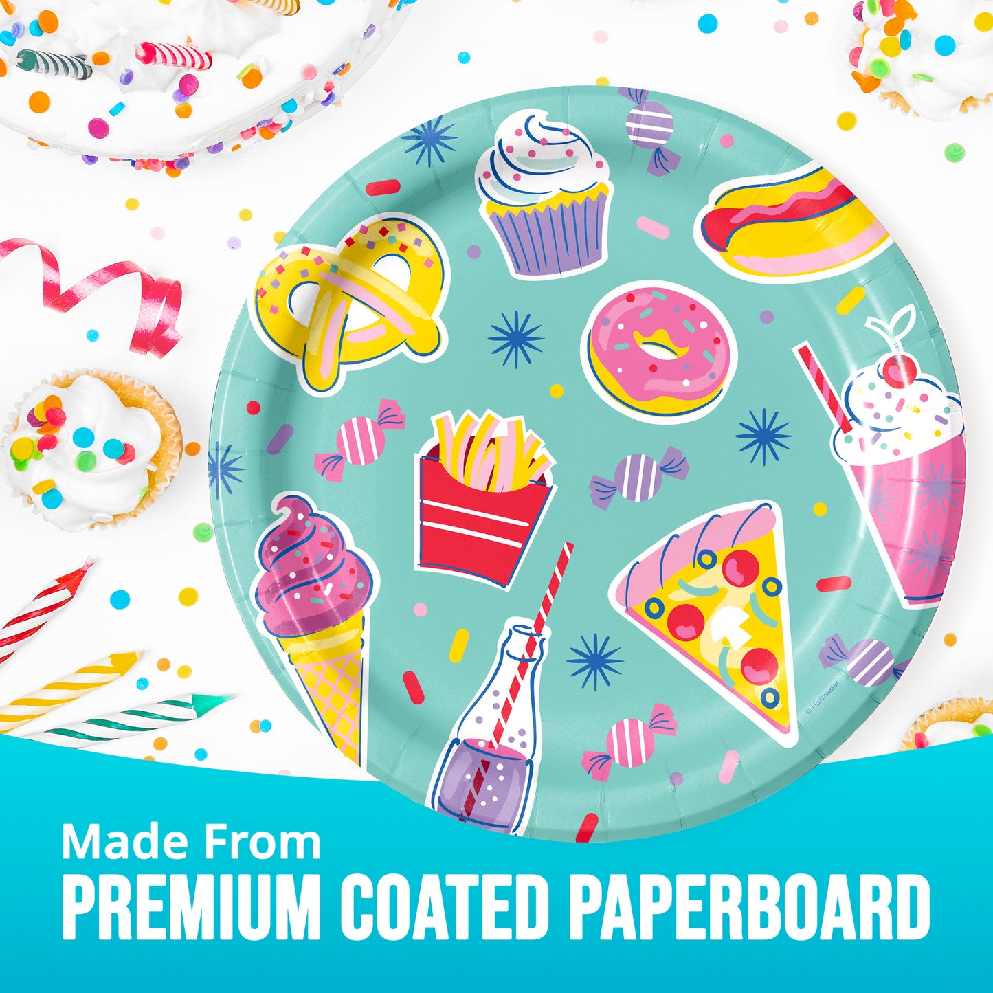 Colorful paper plate with food illustrations on a white background with "Made from Premium Coated Paperboard" text