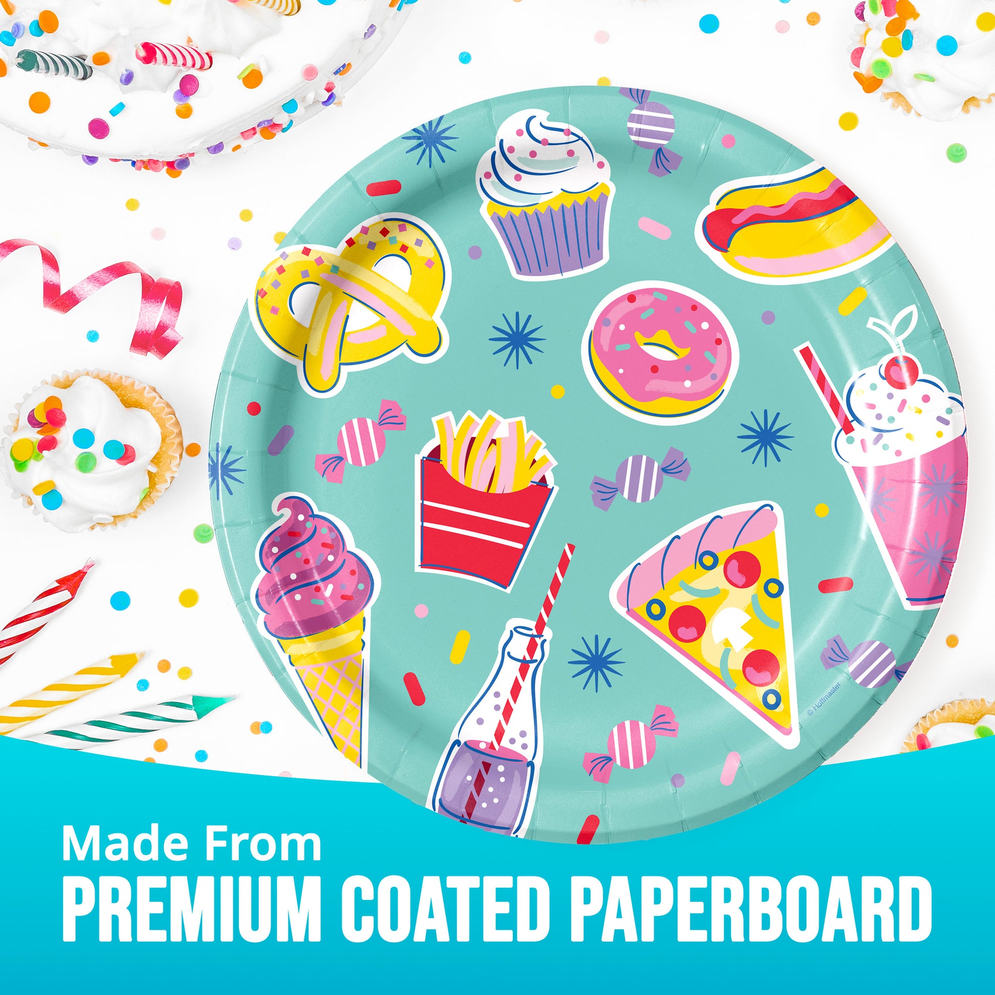 Colorful paper plate with food illustrations on a white background with "Made from Premium Coated Paperboard" text