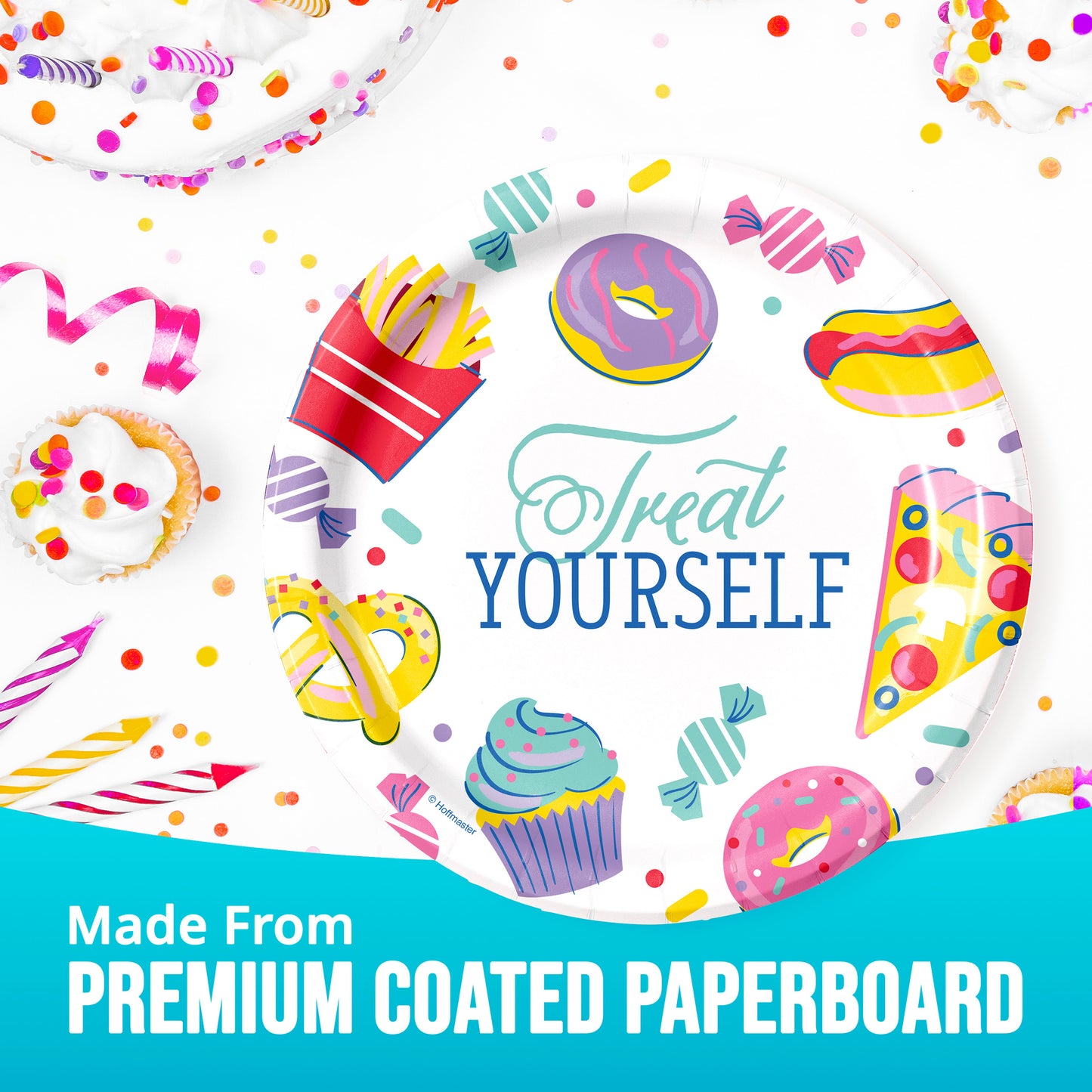 Colorful paper plates with treats and 'Treat Yourself' text on a white background and "Made from premium coated paperboard" text