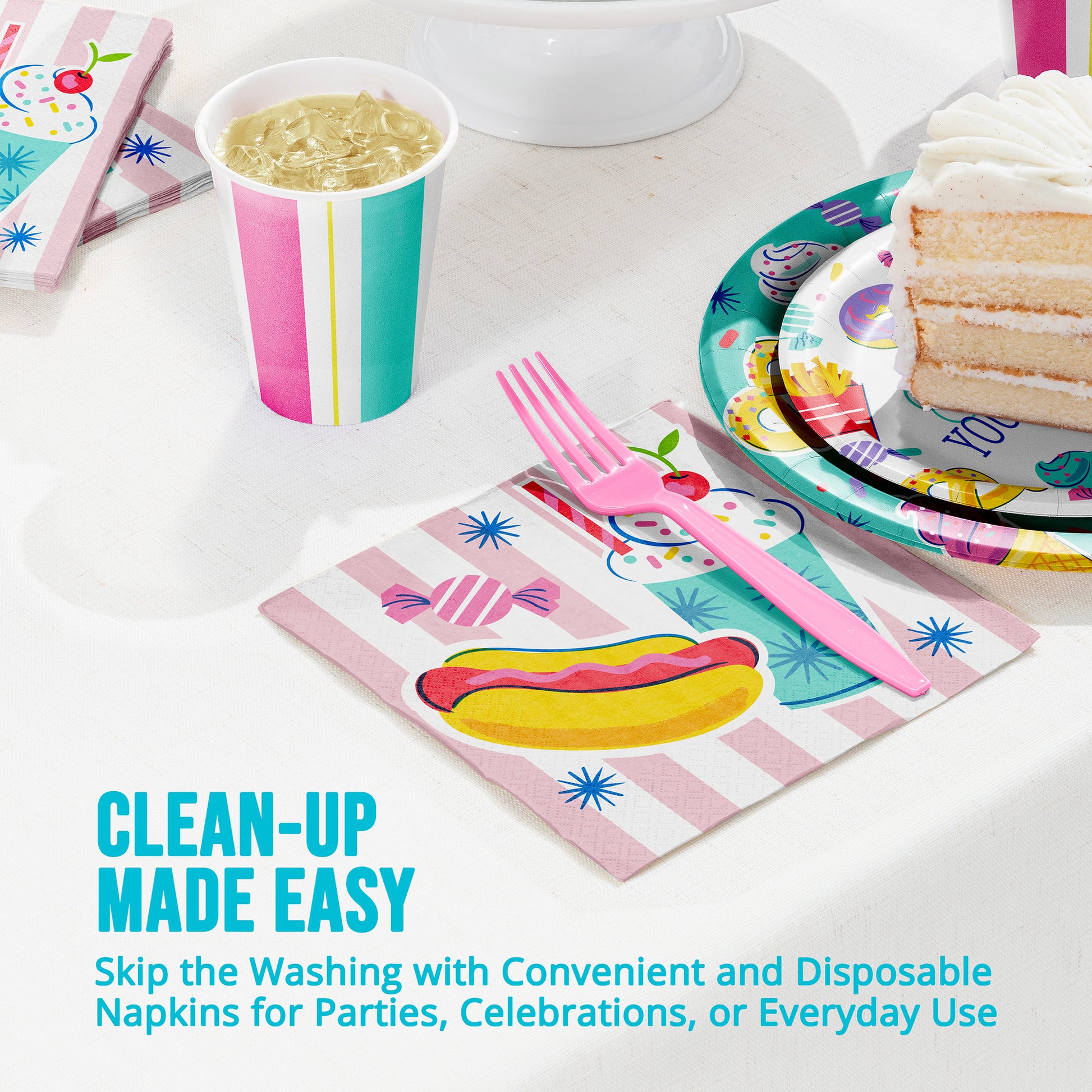 Disposable party supplies including cups, plates, and napkins with a pink fork on a white surface.